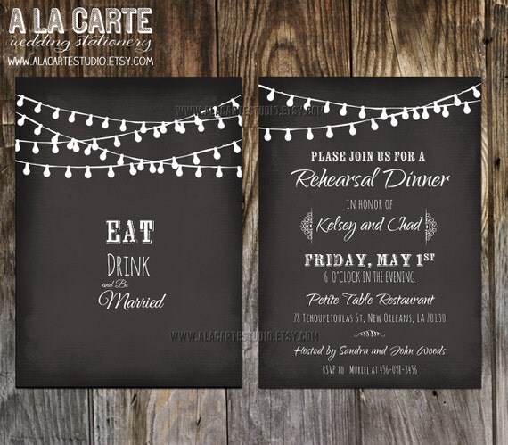 String Light Chalkboard Inspired Wedding Rehearsal Dinner Invitation Card