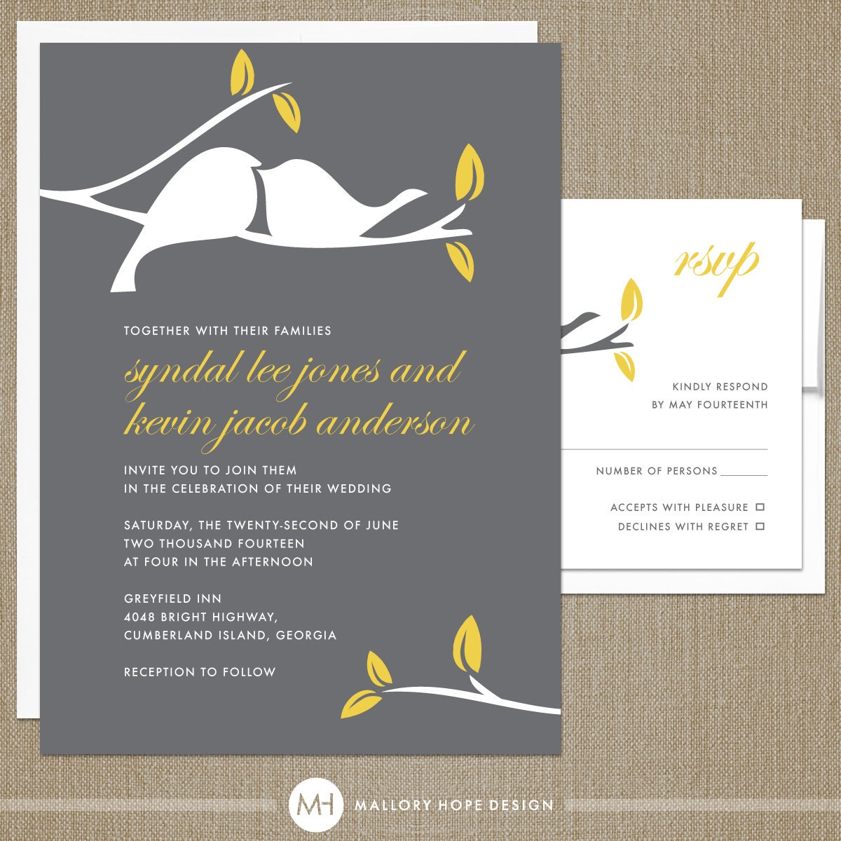 Love Birds Modern Wedding Invitation & RSVP Set - CUSTOMIZE Colors and Content - Digital Design Files