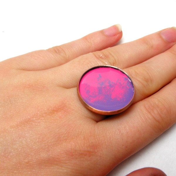 SALE 30% off  - Adjustable enamel ring, pink and violet, copper 24mm