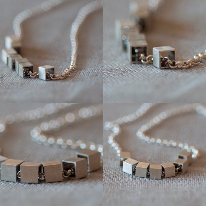 Sterling silver geometric necklace -  7 cubes on belcher chain