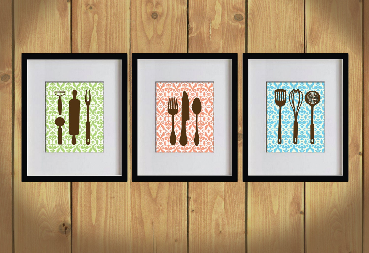 Kitchen Art Print - Chevron, Dining Utensils, Cooking Utensils - Set of 3 - 8X10 - Apple Green, Orange, Sky Blue, Brown- No. KB006-4