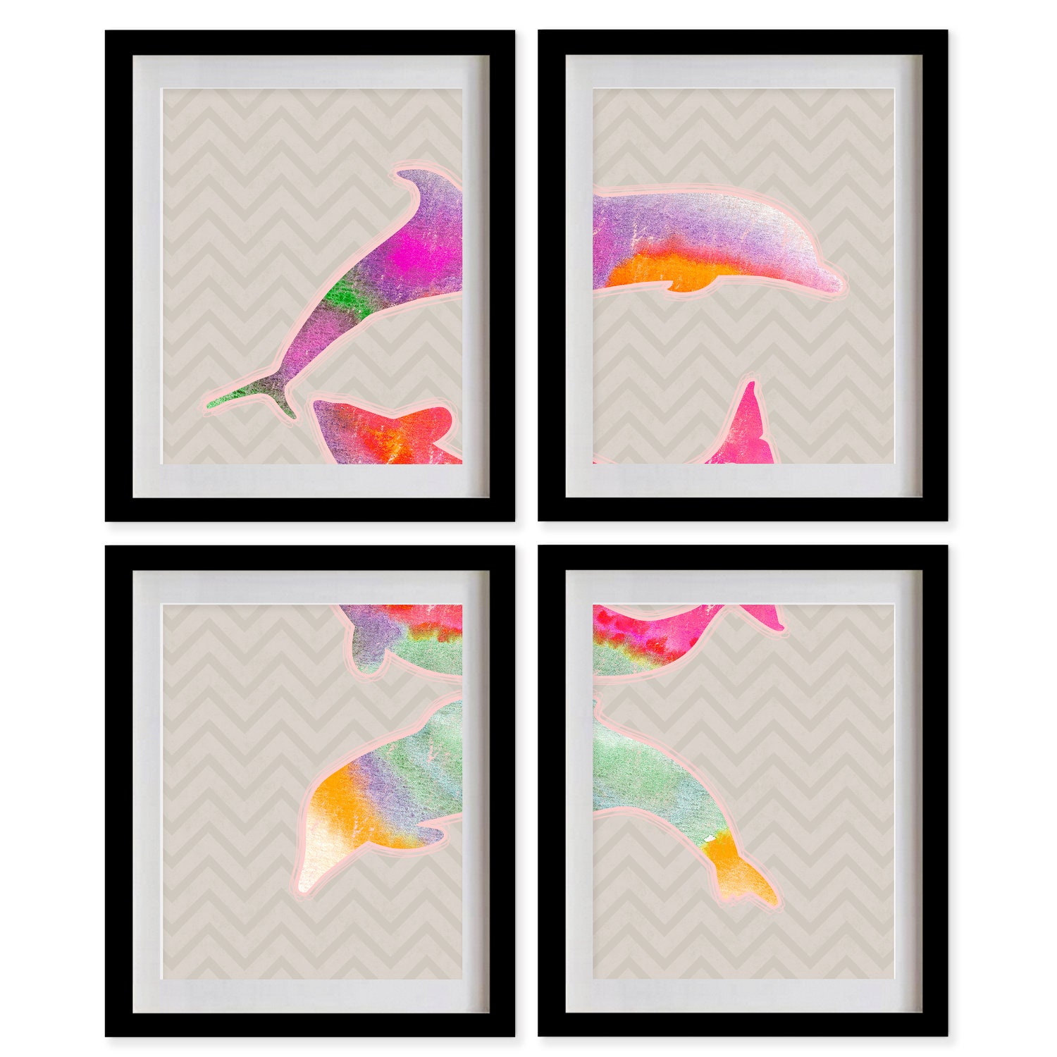 Dolphin Family Nursery Art Print - Silver Chevron, Marine, Rainbow - Set of 4 - 8X10 - Purple, Pink, Yellow, Cyan, Spectrum - No. P015-1-S4
