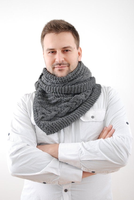 Winter Knitted Man Scarf. Dark Gray Extra Long Scarf. Men Scarf Made Of