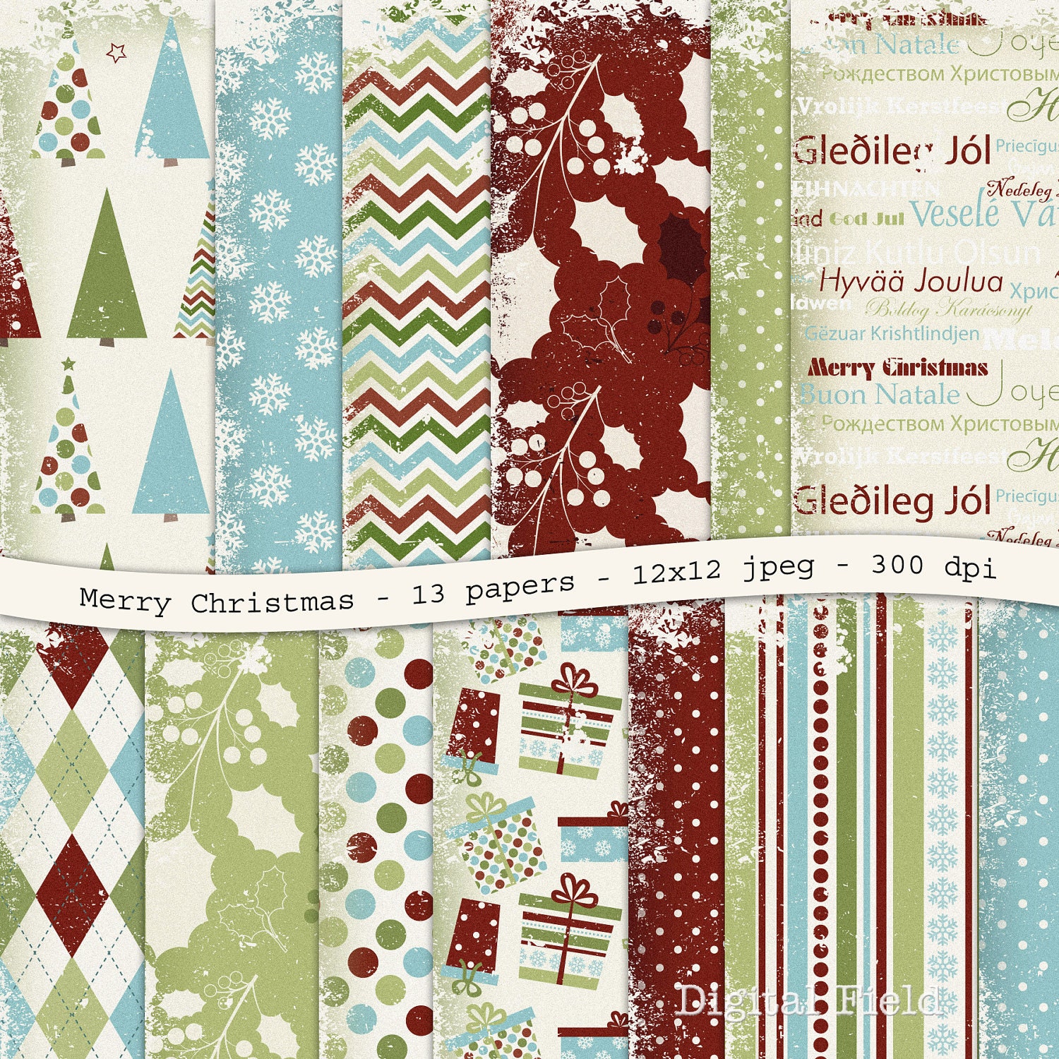 INSTANT DOWNLOAD Merry Christmas - grunge digital scrapbooking paper pack - 13 jpeg papers, 12x12