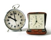 Set of two non working Clocks - H and Ruhla vintage alarm mechanical clocks - Ivory white and Brown vintage travel cl