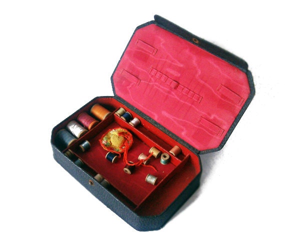 Vintage Sewing Kit in dark blue faux leather case - vintage thread wood spools and pincushion inside