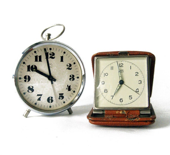 Set of two non working Clocks - H and Ruhla vintage alarm mechanical clocks - Ivory white and Brown vintage travel cl