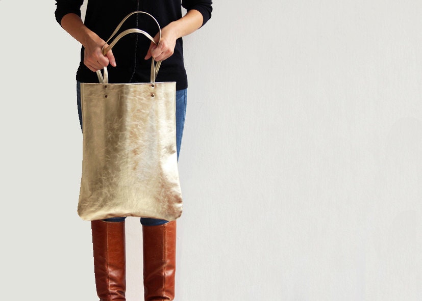 Leather Tote in Gold, Leather Bag