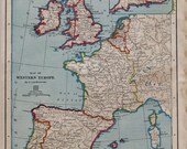 Western Europe 1881 Antique Map from Geography Textbook Frame or Use in Altered Art, Mixed Media, and Collage