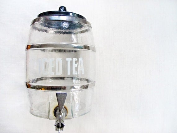 sip & repeat - vintage glass iced tea dispenser. unique jar, drink, retro container, barrel, wedding, picnic