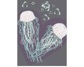 Jellyfish Love, jellyfish swimming in sea of hearts, Giclee fine art print, 5x7, wall art, decor, gift