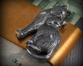 Money Clip, Cats, Mama Baby,Antique Silver Plated Cast Metal, Steampunk, Mixed Media