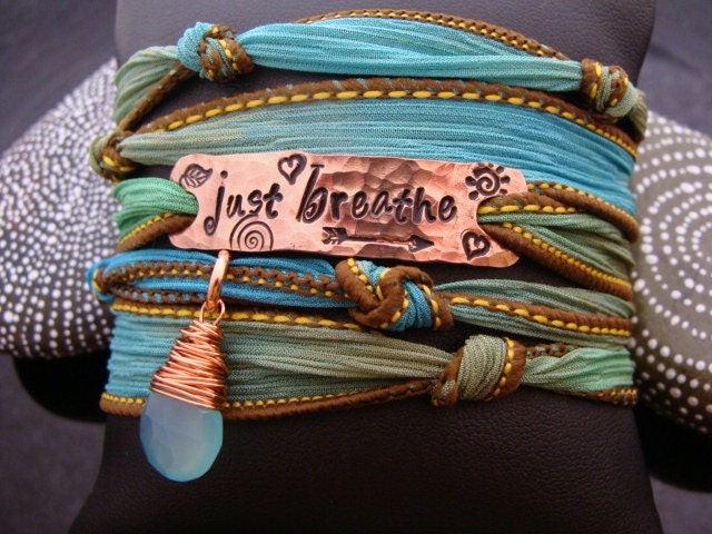 SALE D2E hand dyed silk yoga wrap bracelet with hand stamped copper "Just Breathe" charm, wire wrapped gemstone, magnetic clasp, adjustable