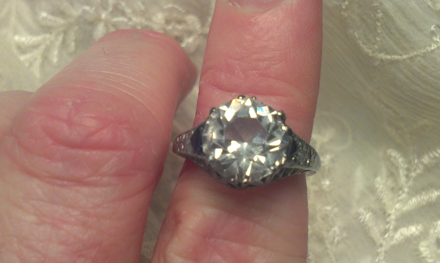Reserved Antique Edwardian Era Engagement Ring Diamond Paste Center Stone With Sapphire Accents