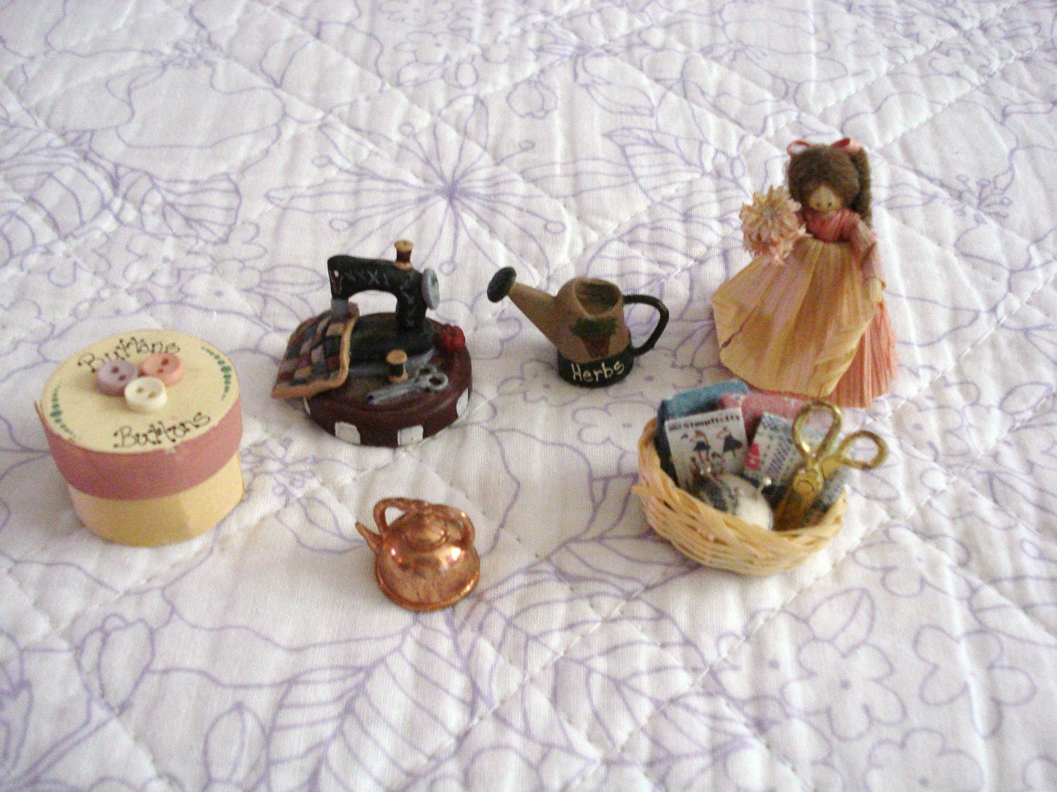 Vintage miniature collection: sewing, quilting, doll, copper kettle, watering can