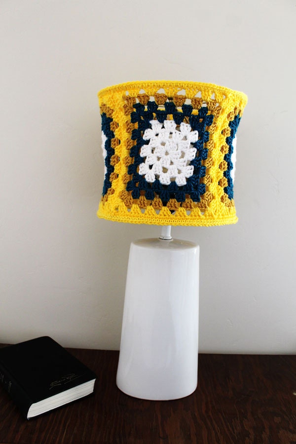 Yellow Lampshade Granny Square Gold Crochet Teal White Retro Unique Lighting Housewares Retro Inspired