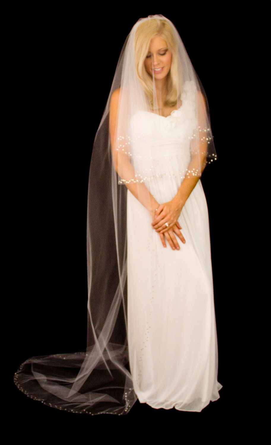 Wedding Veil with Crystal Edge, 2 Tier Chapel Length Bridal Veil (90 inches), Over 1000 Crystals, White or Ivory, Style 1020, Made to Order