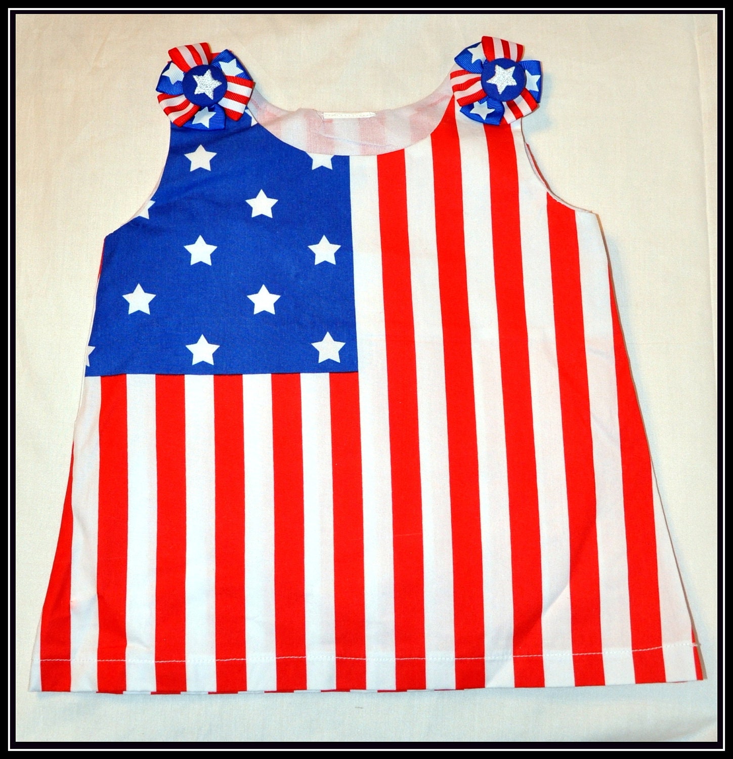 Captain America Inspired American Flag Cotton Dress with Blue Star Buttons, Size 6-12 Months - Geek-a-bye Baby Clothing - Comic Geek