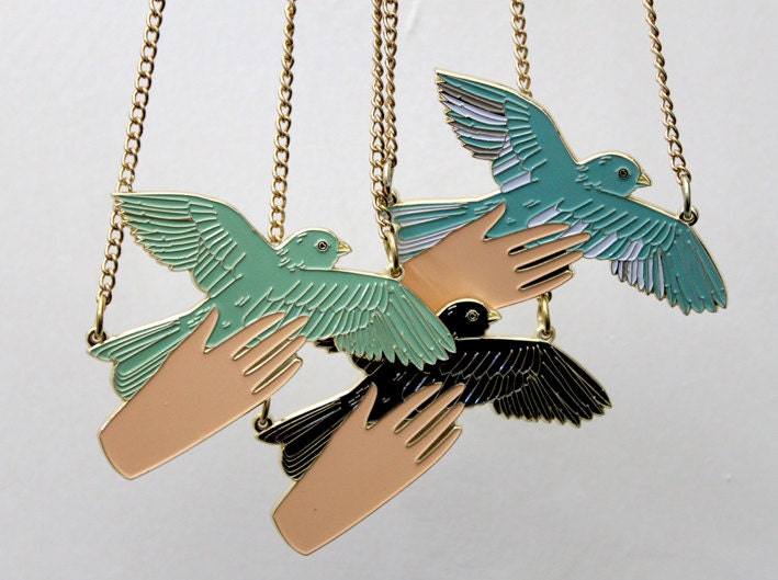 Bird in the Hand Enamel Necklace