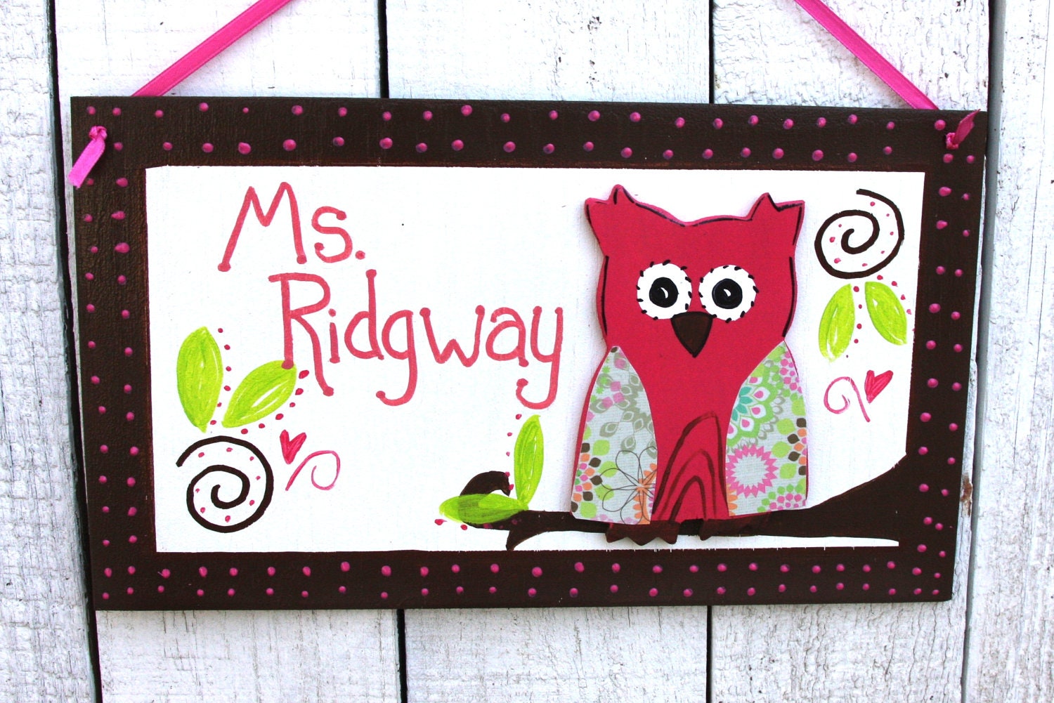 Hot pink Owl name sign / Teacher sign/ Wooden Owl cutout