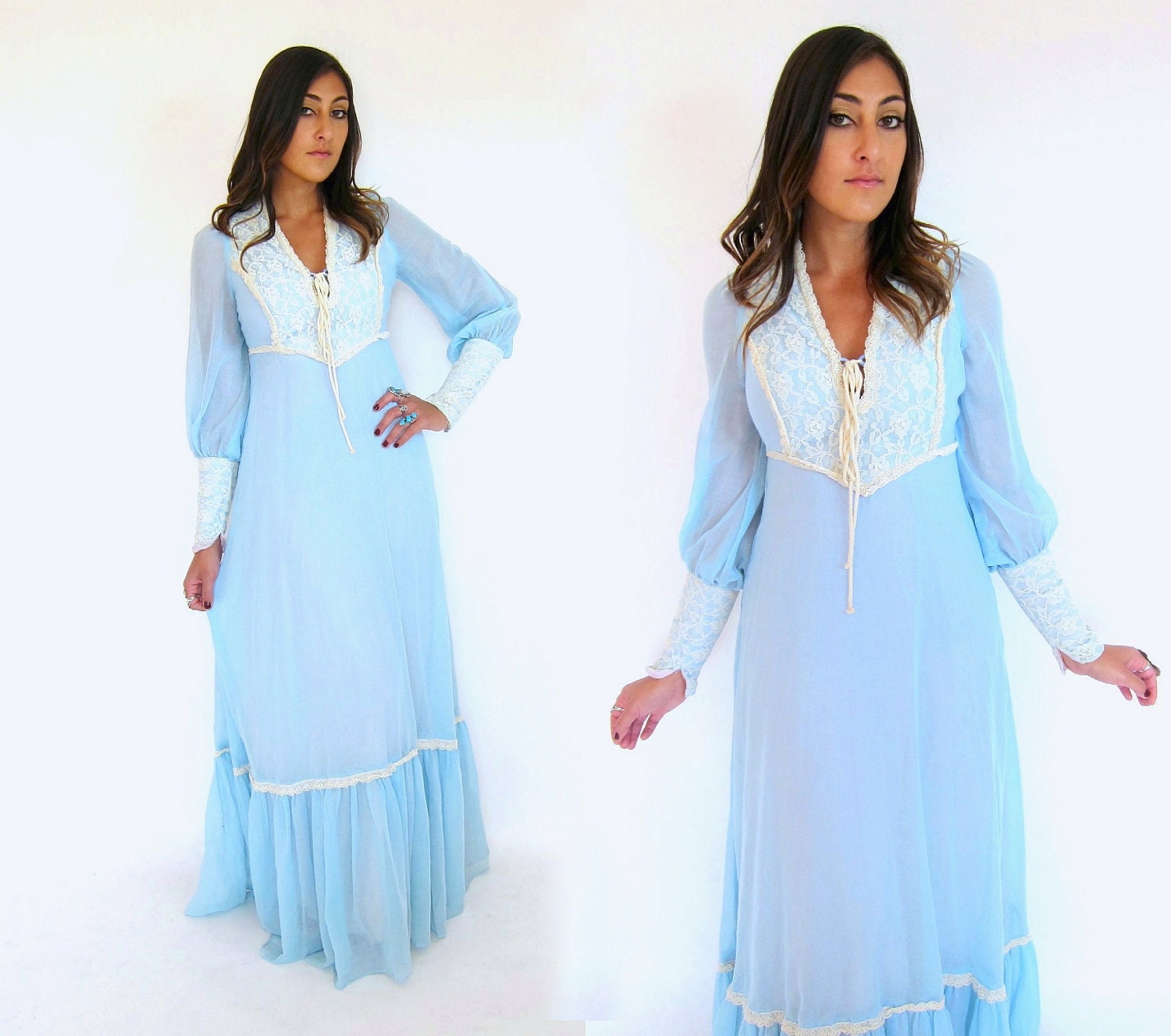 Vintage 70s Baby Blue BOHEMIAN FOLK Peasant Maxi Dress  S