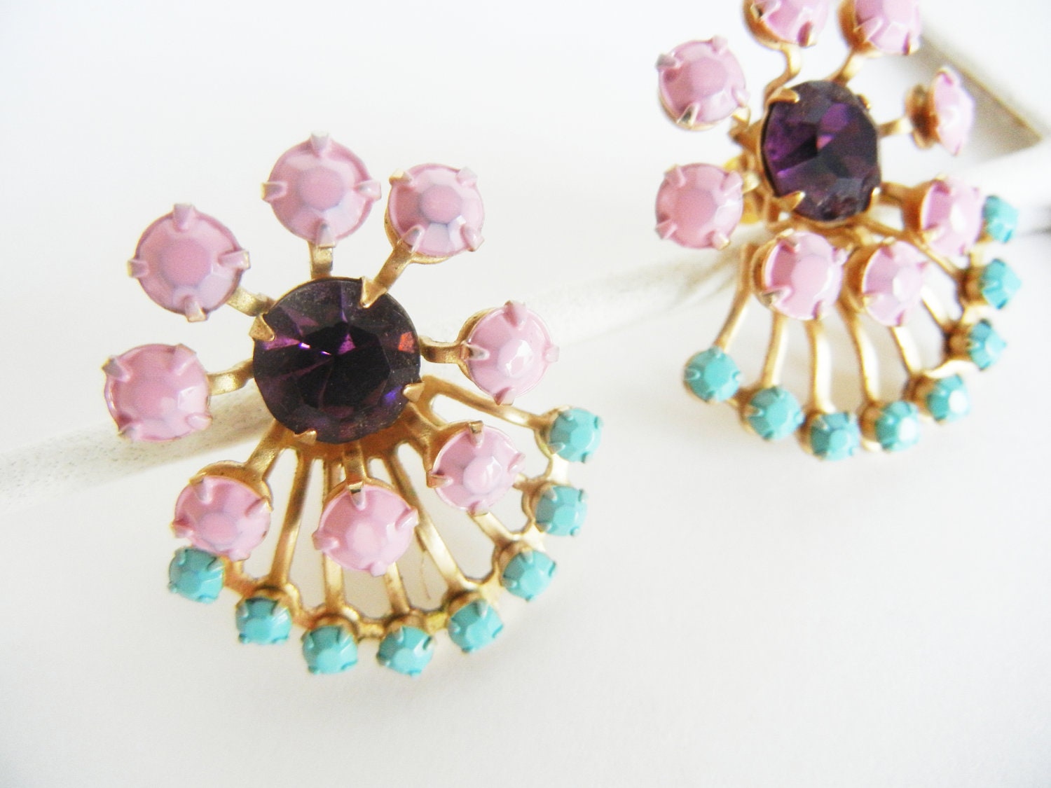 The Garden Earrings - Hand Painted Vintage Turquoise Pink and Purple Rhinestone Earrings - OOAK