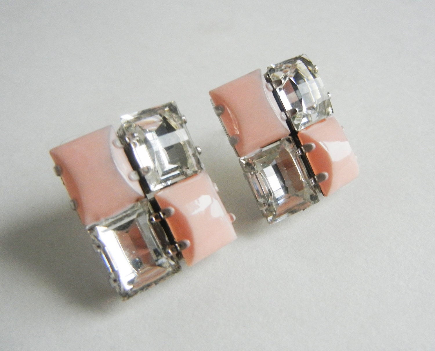 The Rachel Earrings - Hand Painted Vintage Pale Pink Rhinestone Earrings - OOAK