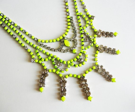 READY TO SHIP - Vintage 1950s One Of A Kind Hand Painted 3 Strand Bold Neon Yellow Rhinestone Necklace