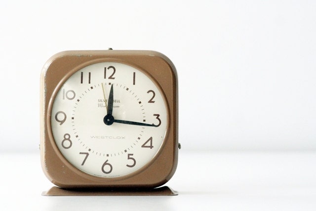 1940's Westclox Silver Bell Monogram Alarm Clock - Nonworking Beige Brown Time Piece, Neutral Home Decor, Unisex Gifts - msjeannieology