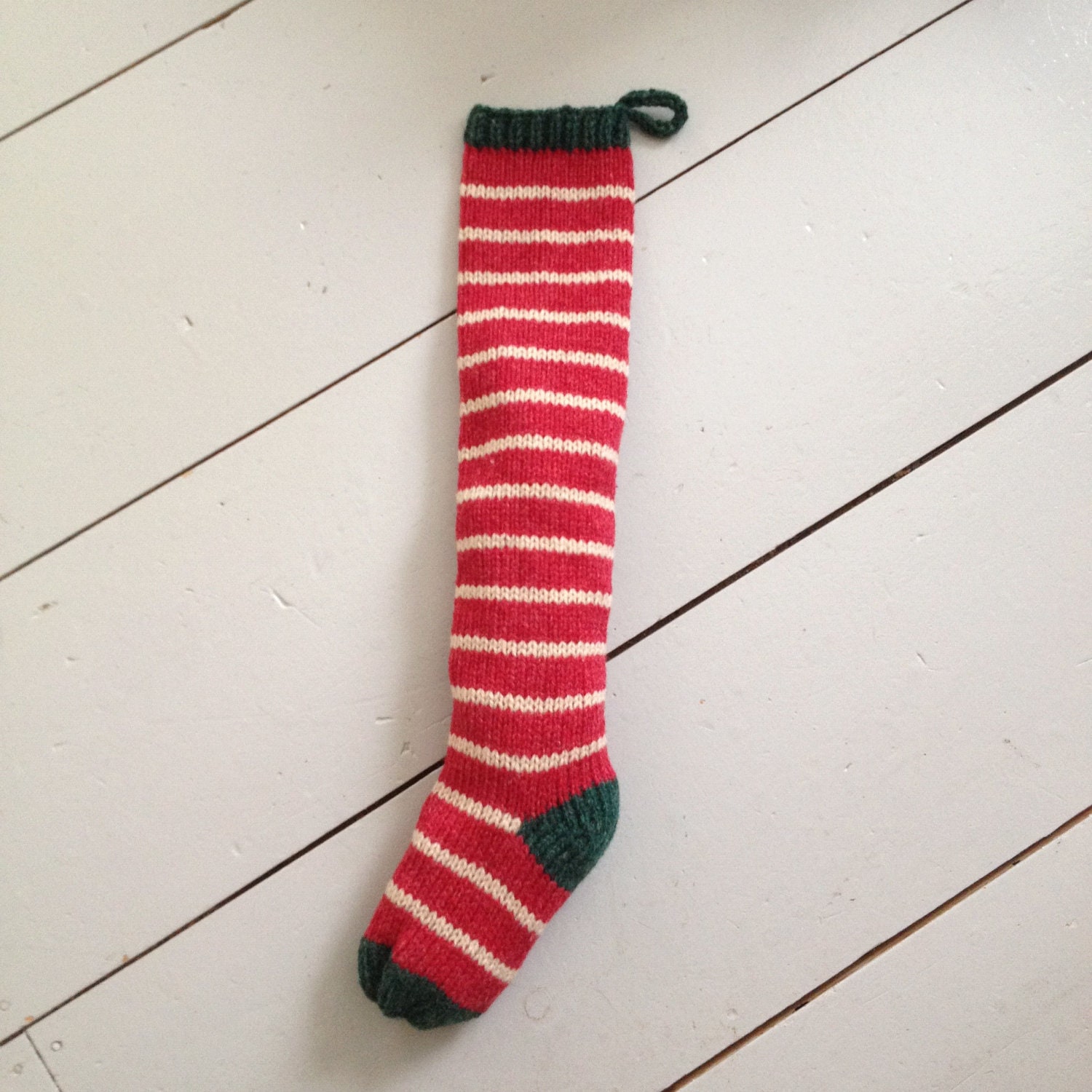 Handknit Christmas Stocking Red Fairytale Stripes
