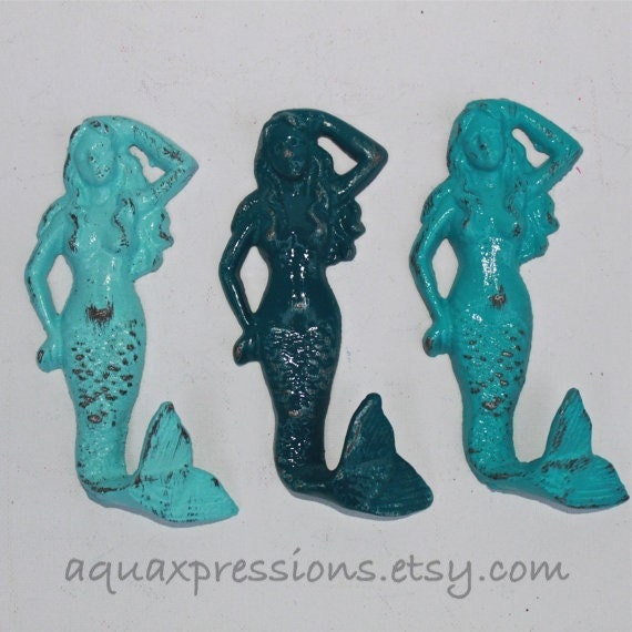 Mermaid Cast Iron Hook Set, Aqua, Turquoise ,Bondi Blue Cottage, Coastal, Shabby Chic, Bath hook