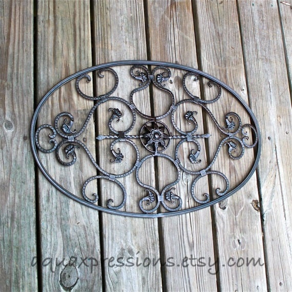 Metal Oval Wall Decor/ Scrolls/  Wall Fixture /Brown/ Distressed Patio Decor /Painted Bright /Distressed /Outdoor Up Cycled Iron Art
