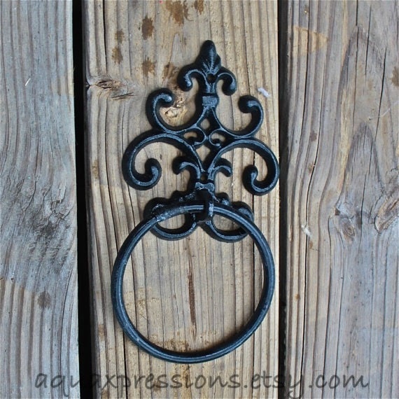 Black Hand Towel Ring /Fleur de lis /Distressed Iron Holder /Bathroom Fixture /Accessory Rack /Shabby Chic /Gift Ideas