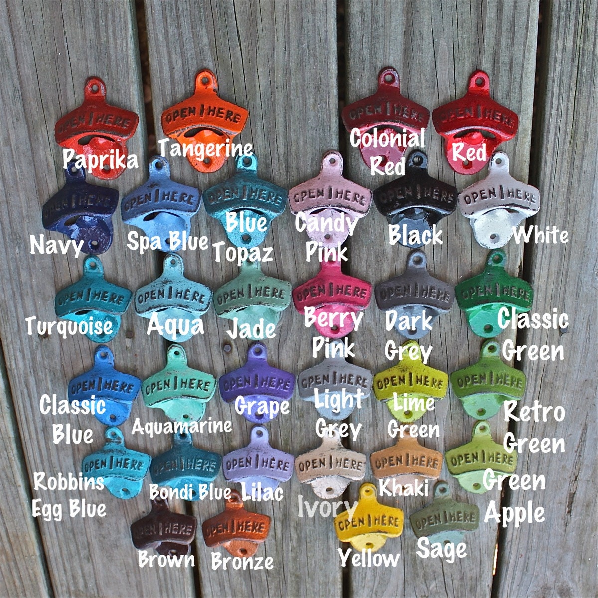 Colorful "OPEN HERE" Bottle Opener: PICK your Color /Vintage, Retro Feel /Kitchen, Man-cave, Game Room, Patio, Hangout / Metal Wall Decor
