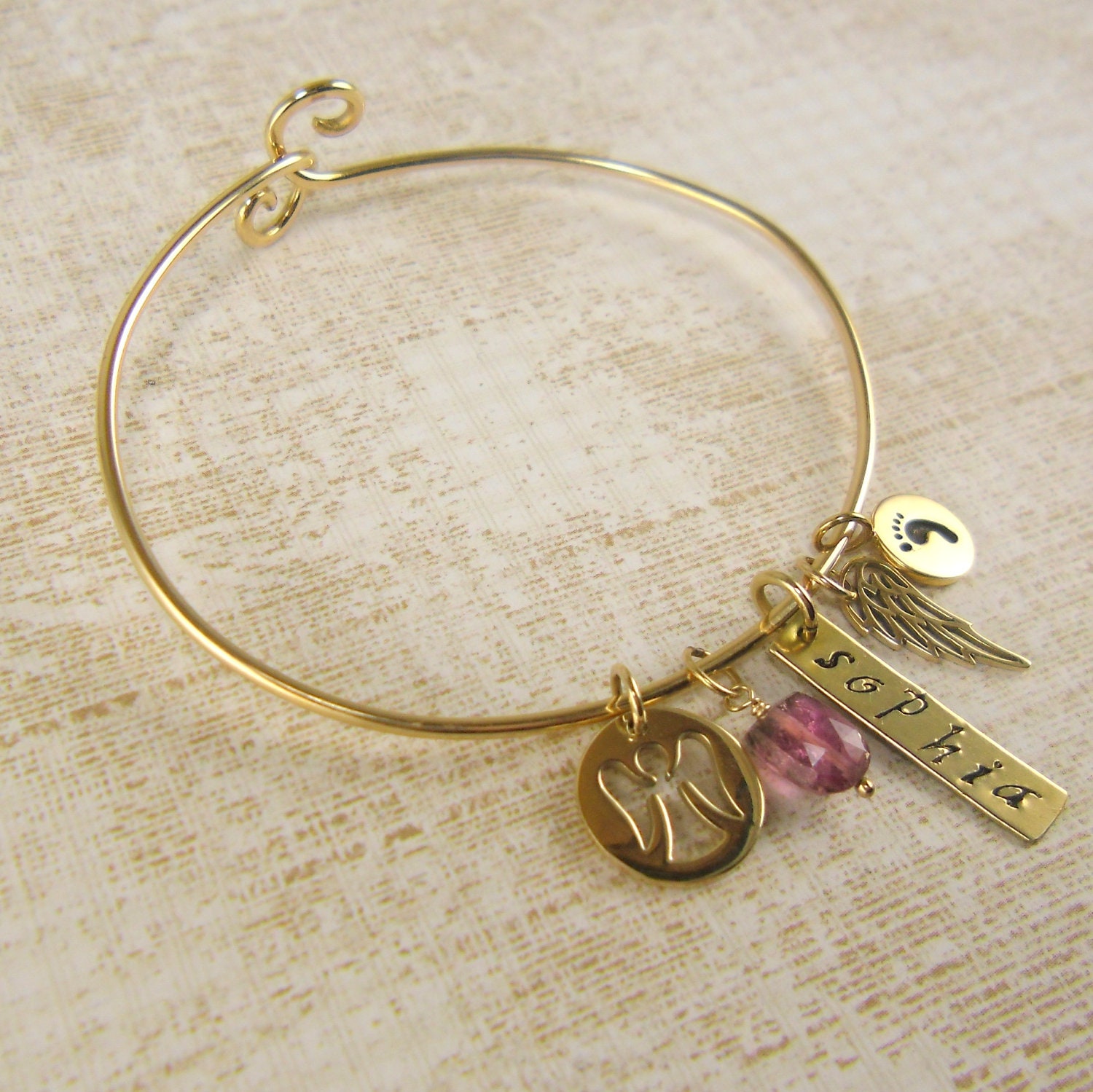New Baby Bracelet Angel New Mom Jewerly Mother Jewelry Angel Wing Personalized Childs Name Footprint Gold Tone Bronze Birthstone, B9