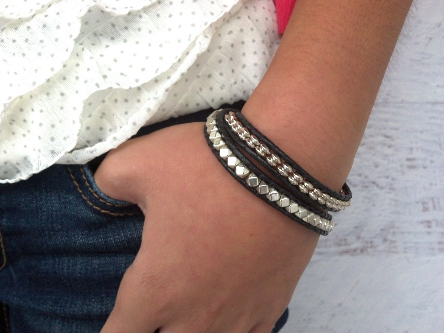 Black Leather Wrap Bracelet Strung with Tiny Silver Rings and Faceted Beads, Simple, Everyday, Rocker Chick, Unique Fashion, Biker Girl