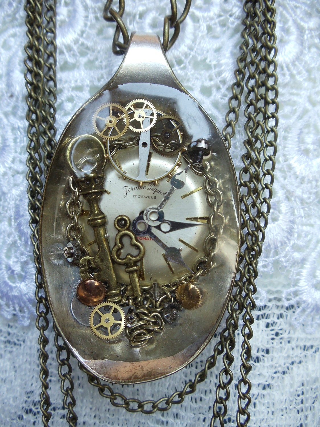 Steampunk spoon necklace, OOAK steampunk chain necklace featuring vintage spoon inlaid with treasures nestled amid chains