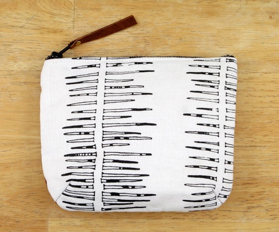 OOAK, Small Zipper Pouch, Screen Printed, Leather Back, Original Porcupine Quill design, Tie-died Interior in Tangerine, White, Black, Rust