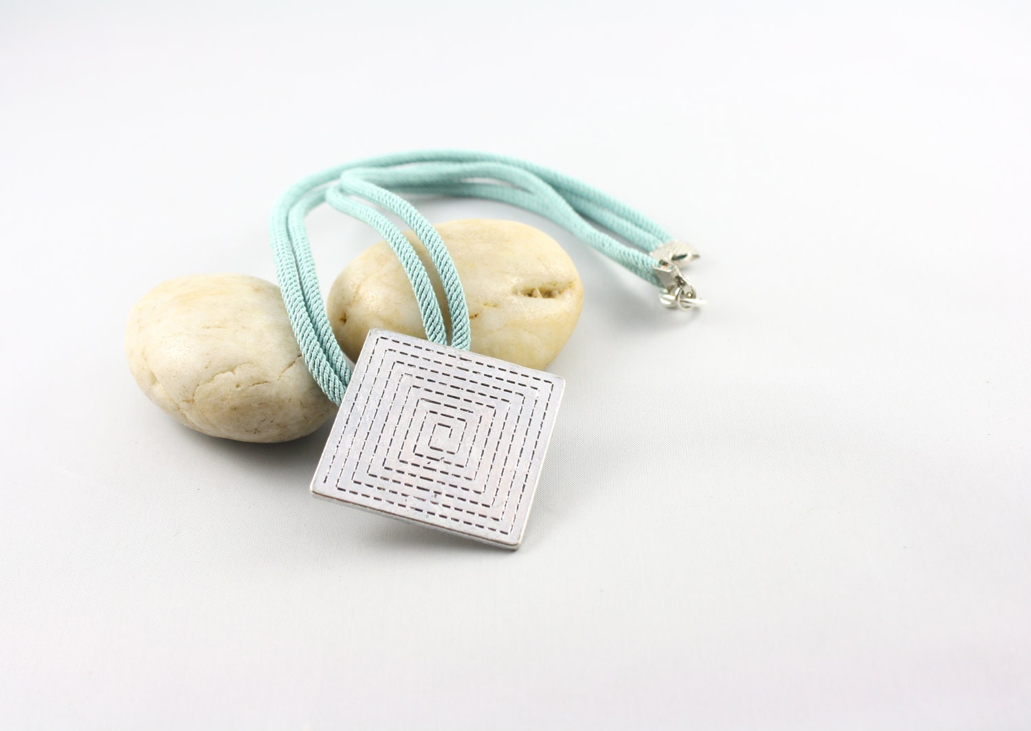 Mint Green Necklace - Rope Cord -Geometric Pendant