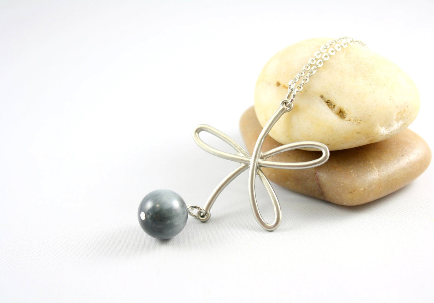 Drop Pendant Necklace -Cats Eye Gemstone Jewelry -Gemstone Drop -Rhodium Plated Necklace (Collier- Rhodium plaqué Lien)