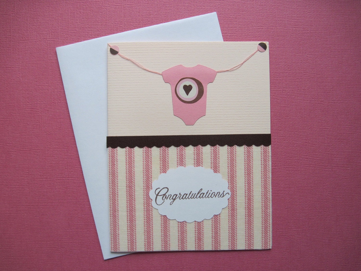 Baby Love Onesie Pink Ticking Fabric Congratulations Card for Baby Girl, 4 1/2 x 5 3/4