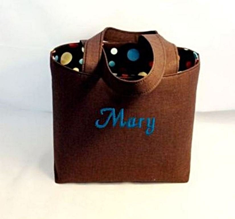 Tote Bag Fabric Handmade Tote Custom Embroidered with Monogram Brown and Dots