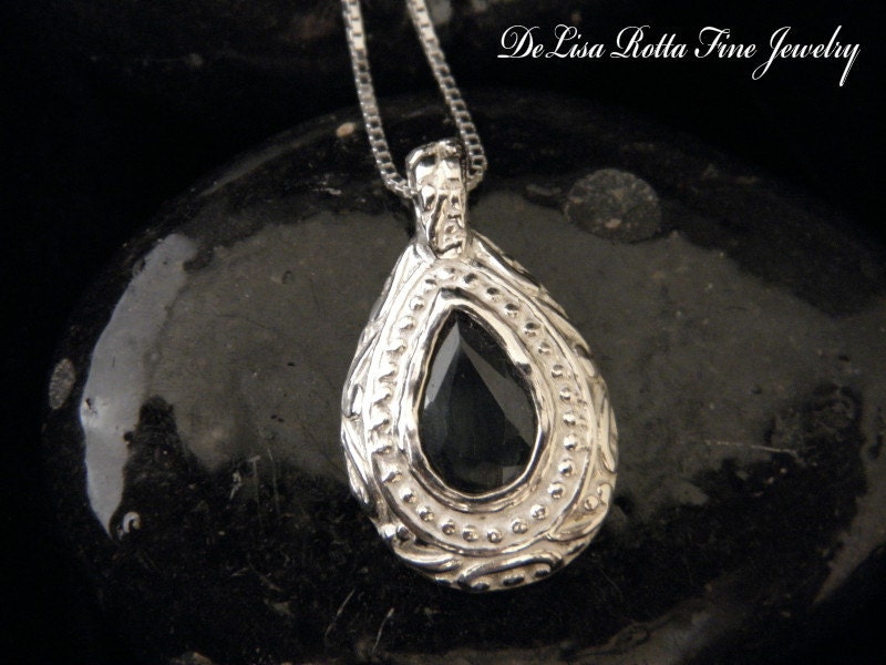 Recycled Silver Blue Sapphire Pear Cut Pendant Necklace