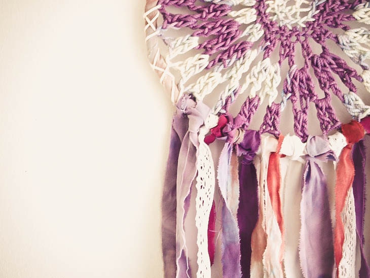 Dream Catcher - Snow Frost - Unique Dream Catcher with Transitional Crocheted Nett and Colorful Textiles - Mobile, Home Decor, Decoration