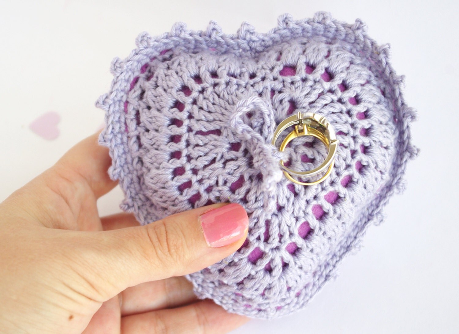 Items similar to Wedding Pillow Purple Heart Crochet Ring Bearer lace