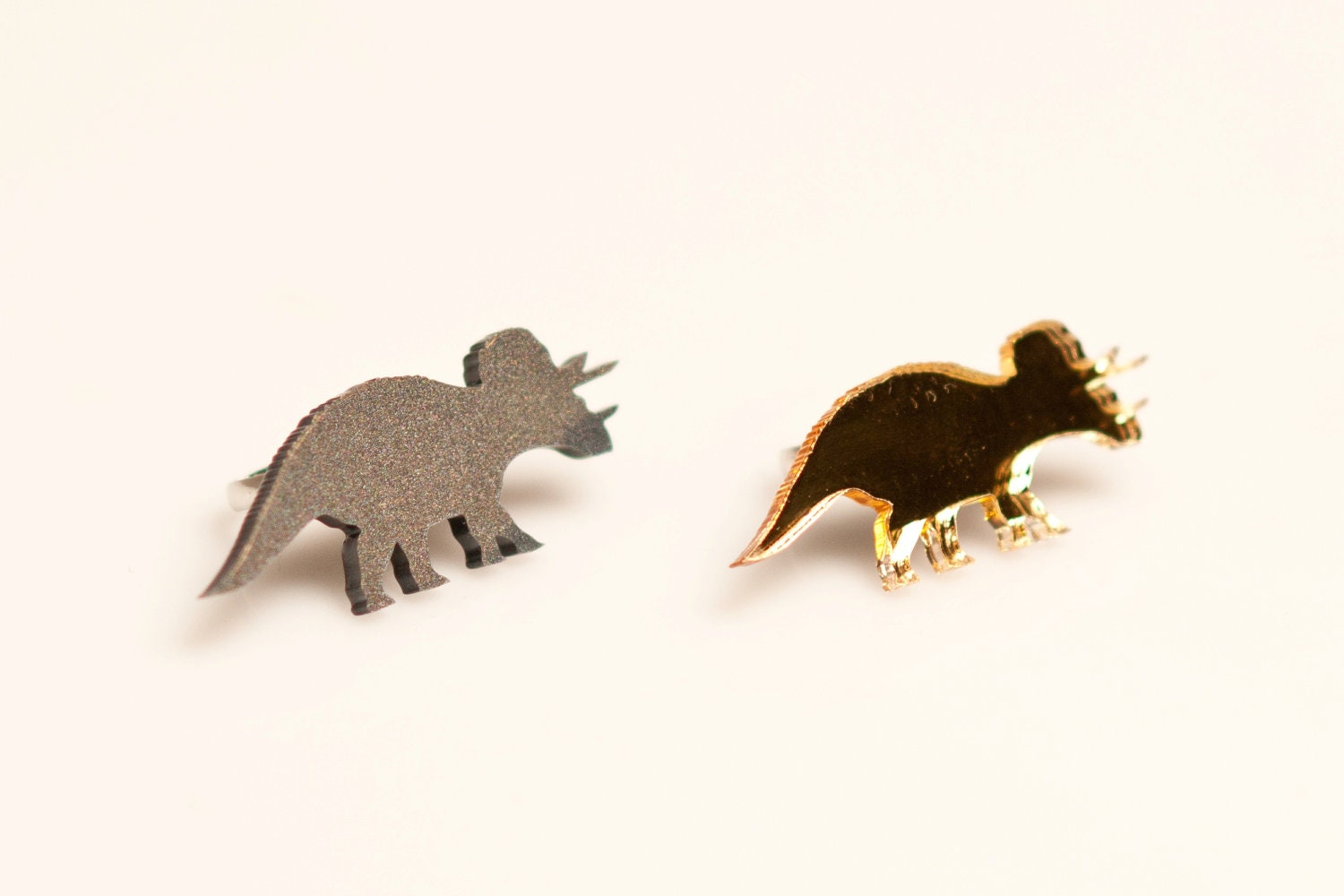 Triceratops adjustable Ring, Laser Cut Perspex Dinosaur. Acrylic and Cherry Wood.