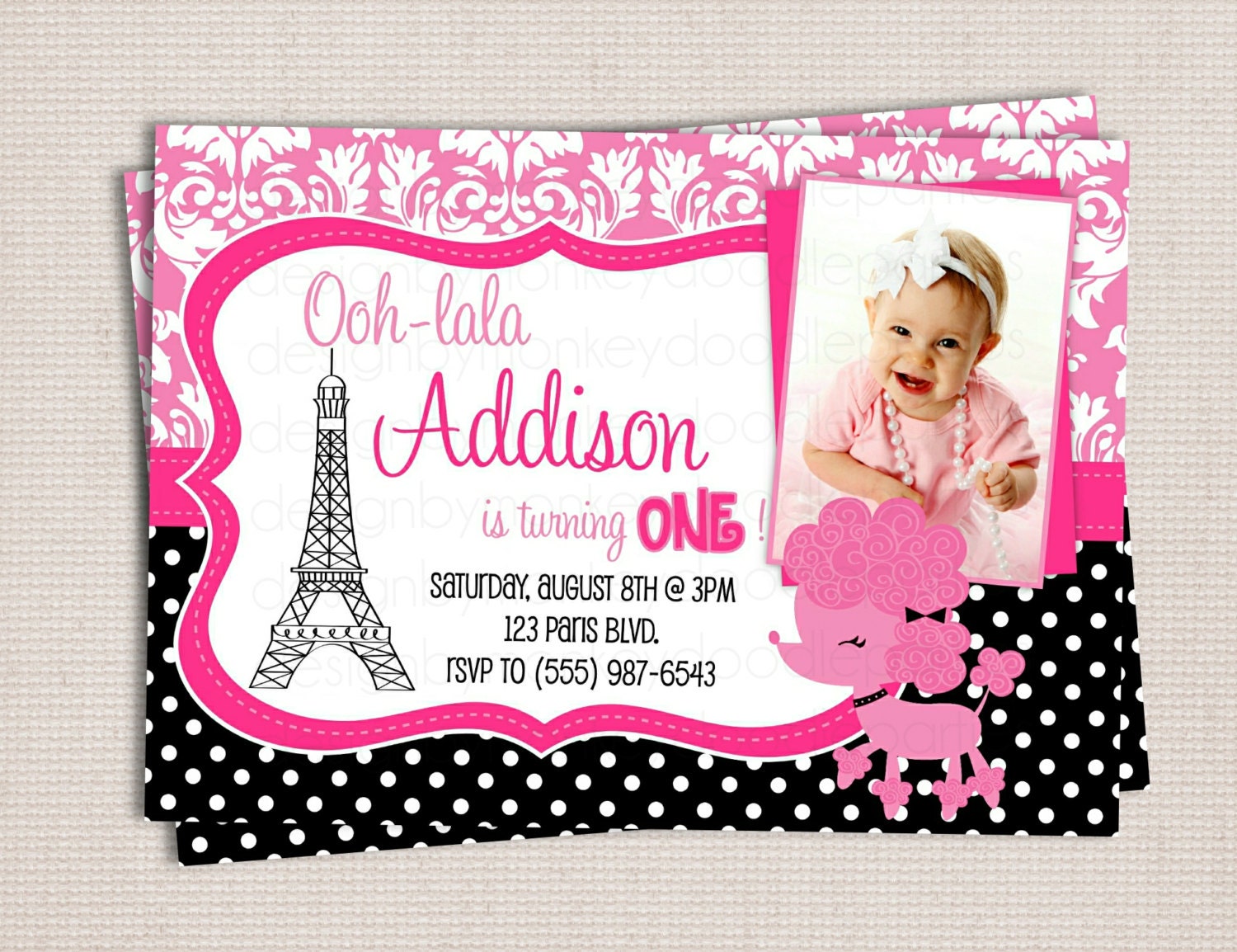 Girl's Custom Pink & Black Polka Dots Paris Poodle Birthday Party Printable Invitation Il_570xn
