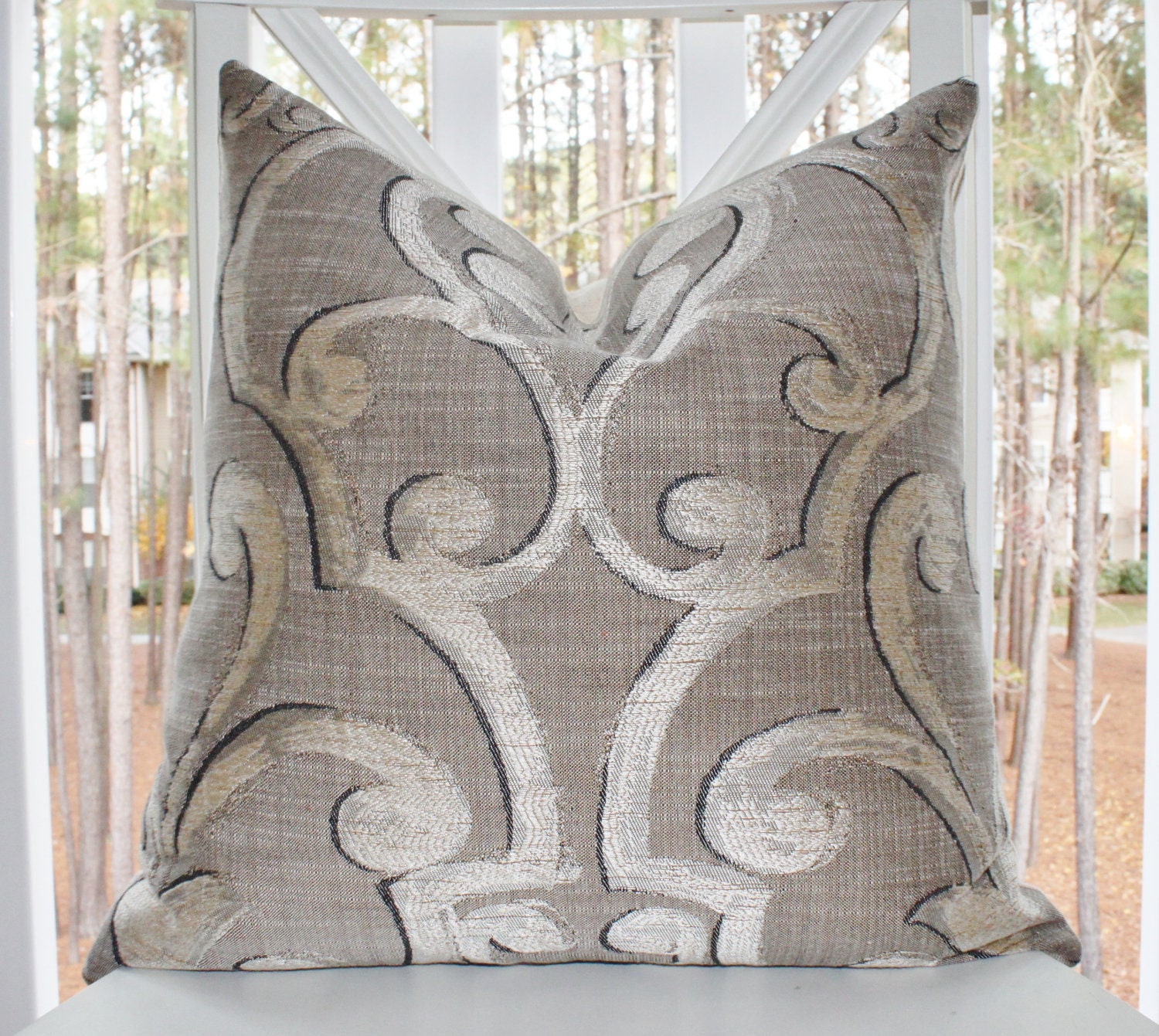 Grey Pillow - Gray Geometric Pillow - Geometric Scroll Pillow - Grey Ivory Trellis Pillow - Decorative Pillow Cover - Linen 18 x 18