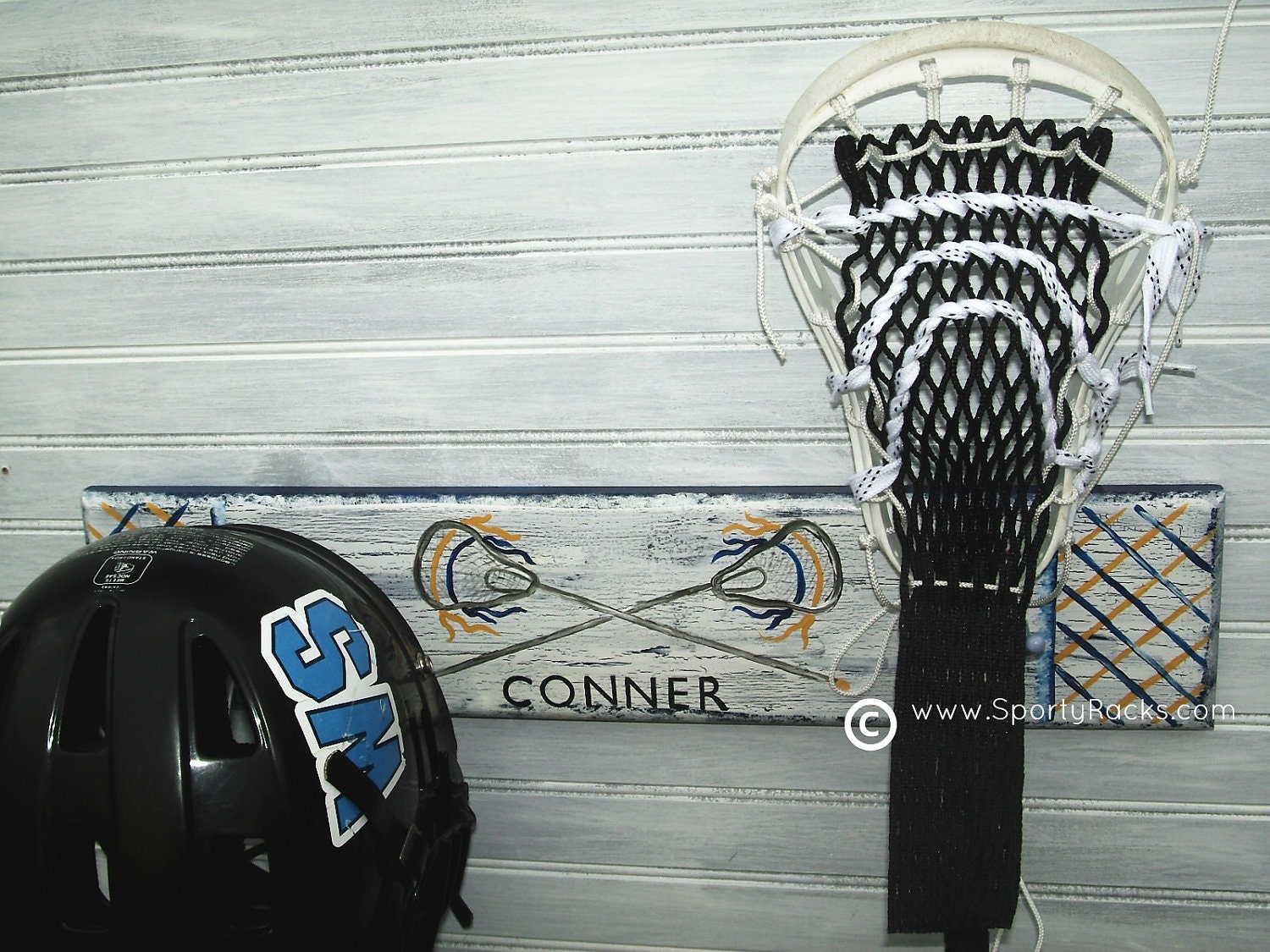 Lacrosse Hanger Stick Helmet Rack Wall Organizer Team Colors Personalized Name Handcrafted Handpainted Sports Room Decor