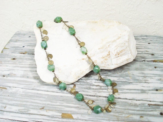 Green Necklace, Glass and Composite, Faux Coins / Queen Elizabeth II Faux Coin Necklace /Vintage Necklace